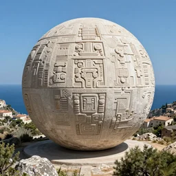 photograph of a gigantic paleolothic sphere made of stone with highly detailed carvings of intricate shamanic robotic electronics and circuits, in a mediterranean lanscape, inside a valley overlooking the sea, by michal karcz, mediterranean island scenery, mediterranean vista