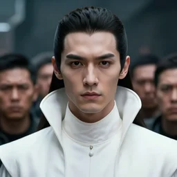 portrait of a regal prince with sharp cheekbones, white clothes, high collar, close up, super details, crowd of angry people out of focus surrounding him, modern digital art, matte painting, science fiction