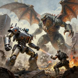 an incredible fantastical painting of an epic battle : robot vs kaiju! large robotic mech piloted by a human pilot vs titanic creature monster scaly lizard like with wings and tentacles and a monster. they battle in the middle of a city | city destroyed giants in big fight sci fi horror action fantasy kaiju | by greg rutkowski and greg staples with james gurney | hyper