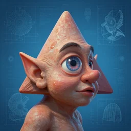 portrait of triangle shaped dwarf head and shoulders with single centered giant bloodshot eye, in the style of Greg Broadmore and Arthur Rackham,trending on artstation, light lighting side view,digital art,surrealism ,macro,blueprint ,vaporwave ,