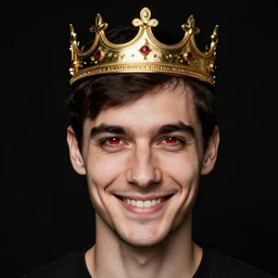 man with a crown, smirk, photograph, black backgrounds, red eyes