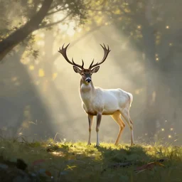 buck white tail with large antlers standing on top of a hill with light shining through the trees in the early morning, global illumination, volumetric shadows, volumetric lighting digital painting, trending on artem, trending on deviantart,