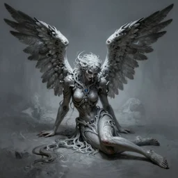 Frightening fallen angel with cyberpunk wings, digital painting, 4k, HDR, concept art, detailed wings, smooth, sharp focus, illustration, art by Artgerm, H R Giger and Alphonse Mucha