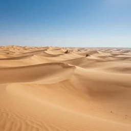 portrait of a vast desert with sand dunes and a small castle, highly detailed, sunny, blue sky, cinematic lighting, high angle, godrays, volumetric, photorealistic, digital art painting by greg rutkowski