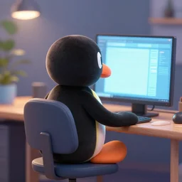 pingu sitting behind a computer, 3 d render,, art, epic lighting