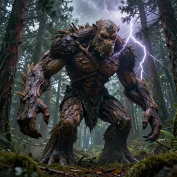 Treant , large pine tree with legs and arms covered in bark stomping through the forest, cinematic atmosphere, dramatic lightning, 4k, photo-realistic, hyper-realism, octane render, digital illustration, trending on Artstation,