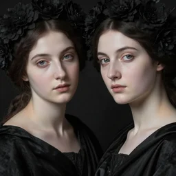 hyperrealism close - up mythological portrait of two beautiful medieval women partially made of black flowers in style of classicism, pale skin, ivory make up on the eyes, wearing black silk robes, dark and dull palette