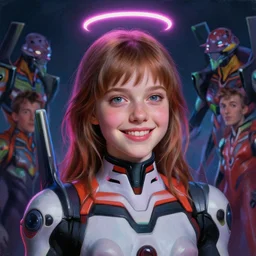 painting, young girl, beautiful face, gorgeous, face visible, happy, [ [ [ [ neon halo ] ] ] ], [ [ [ eva suit ] ] ], cinematic lighting, highly detailed eva suit, wallpaper, extremely detailed, sharp focus, by ilya kuvshinov, magali villeneuve, artgerm, jeremy lipkin and michael garmash and rob rey, intricate