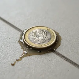 macro shot of a coin glued to the floor, 8k, close up on the dirty glue contacting the floor and the coin