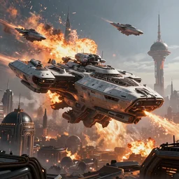 giant futuristic sci-fi warships scorch the skies, [a baroque cyberpunk city skyline with black domes and radio spires in the background], [explosions and fire], hypermaximalistic, high details, cinematic, 8k resolution, beautiful detailed, insanely intricate details, artstation trending, octane render, unreal engine