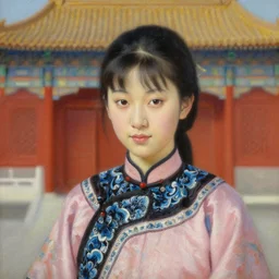 portrait of a beautiful chinese girl in old beijing, painting by hun liu, oil on canvas, hyperrealism