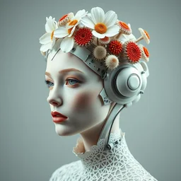 beautiful stunning biomechanical woman portrait with a smooth porcelain ivory profile face, futuristic haute couture, iris van herpin, headdress daisies, sponge corals, mushrooms, puffballs, red rhizomorphs, cyberpunk metallic brackets, laser cut paper lace collar, octane highly render, 8 k, epic lighting