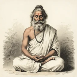 sketch of a cool sadhu with a beard meditating, full - body, etching by louis le breton, 1 8 6 9, 1 2 0 0 dpi scan