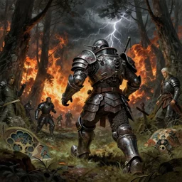runs away from men on the forest, composition gothic and futuristic, warhammer, cyber japan style armor, more scars, fire storm, thunderstorm, the middle ages, highly detailed, artstation, moebius, jugendstil and classic japanese print, art rene magritte and george stubbs