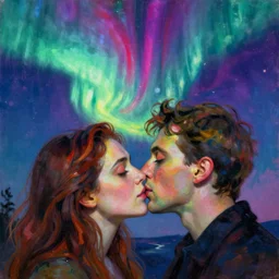 close portrait of woman and man kissing. aurora borealis. iridescent, vivid psychedelic colors. painting by leon spillaert