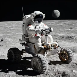 astronaut driving a moon rover on the surface of the moon, 8 k uhd, unreal engine, octane render in the artstyle of finnian macmanus, john park and greg rutkowski