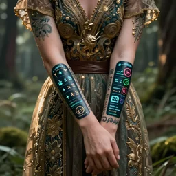a person with digital tatoos on the arms that show vital signs and health information standing in beautiful nature, intricate, HDR, very detailed