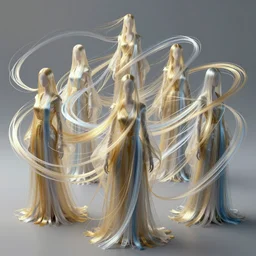 five long, flowing cloaks made of millions of thin ribbons and threads of translucent gold, silver, and blue that are twisting, swirling, unraveling, and pulling apart into vast webbing structures, unreal engine