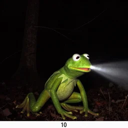 scary trail camera photo of a moving kermit the frog at night!!!! in the forest. obscurity. darkness!!!. flash light!!!. glowing red eyes. motion blur. dim.