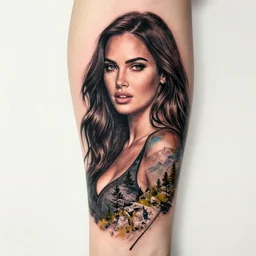 double exposure effect tattoo design sketch of megan fox with amazing mountain scenery, realism tattoo, in the style of den yakovlev, amazing detail, sharp