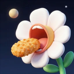 A flower with a mouth eating a chicken nugget in space