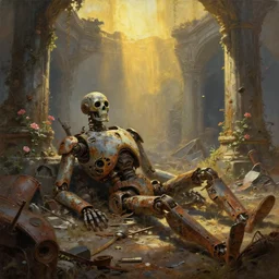 dead robots in ancient sci - fi ruins, gray wasteland, rusted junk, rubble, pillars, flowers, vines, hyperrealistic, highly detailed, cinematic, single ray of golden sunlight, beautiful, cgssociety, artstation, 8 k, oil painting by greg rutkowski, by artgerm, by wlop