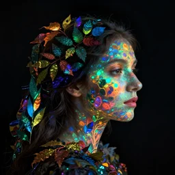 a woman's face in profile, made of luminescent multi-colored foliage, in the style of the Dutch masters and Gregory Crewdson, dark and moody, plain black background