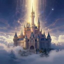 Castle in the clouds, celestial light, divine, in the style of Wylie Beckert