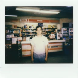 a polaroid photo of pewdiepoe in an old convenience store ( 1 9 7 3 )