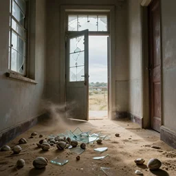 there are cockles and broken glass spread across the floor. the door is wide open and the sand made drifts all down the hall. broken panes in the window reflected light if from the sky.