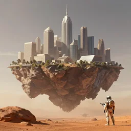city on floating island in background, space soldier with a gun. setting on mars, high details, artstation, octane render, concept art
