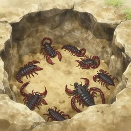“a sandstone pit with many scorpions inside, menacing, anime key visual”