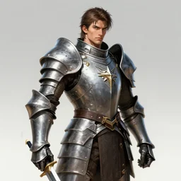 realistic portrait, 30 year old man :: athletic, brown hair, metal armour, majestic, authority, sword :: high detail, digital art, RPG, concept art, illustration