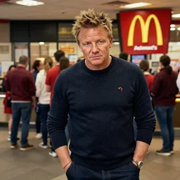 gordon ramsay waiting in line at mcdonalds, high detailed sharp photo