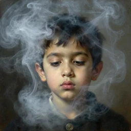 a beautiful neoclassical closeup portrait of a 2 5 years old spaced out tripping indian stoner boy surrounded in a lot of dense smoke, head only, by john singer sargent, by greg rutkowski, oil on canvas, rococo color palette, trending on artstation, masterpiece, brilliant cold lighting, detailed, 8 k