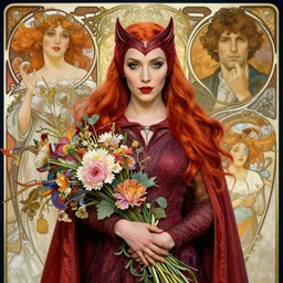 portrait of a beautiful mysterious scarlet witch, holding a bouquet of flowing flowers, fantasy, regal, intricate, by stanley artgerm lau, greg rutkowski, thomas kinkade, alphonse mucha, loish, norman rockwell