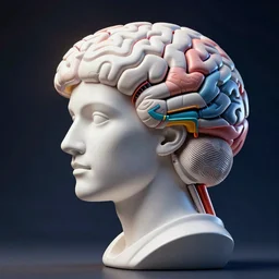 a statue constructing a mind / brain piece by piece, artstation, smooth, sharp focus, clean shaped colored cyberpunk digital artwork by leonardo davinci, mc escher, moebius, cyberpunk