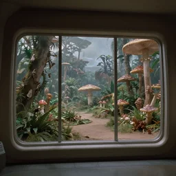 a luxury apartment with large windows, 1 9 8 0 s science fiction, windows overlooking a lush arid mushroom jungle landscape, sci - fi film still, screenshot from a science fiction movie, ridley scott,