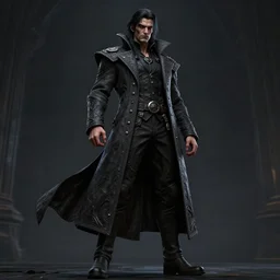 full body shot of an intimidating male dhampir in the style of dungeons and dragons by Artgerm and Arian Mark, long coat, long dark hair, red eyes, low angle shot, highly detailed, trending on artstation, cgsociety, 4k, 8k, HDR, octane render, unreal engine