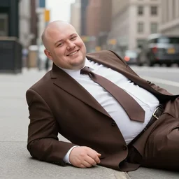 A smiling chubby white clean-shaven man dressed in a chocolate brown suit and necktie is laying on the ground in New York city.