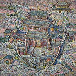 an oil painting of a chinese temple floating among the clouds during a pink sunset