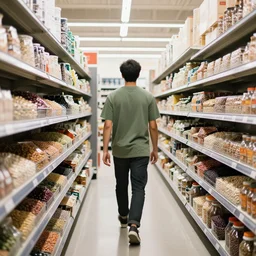 a guy wearing a green shirt walking down a shopping store isle that is just beans