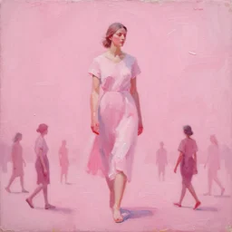 _ in _ these _ paintings _ we _ see _ a _ big and tall _ woman _ who _ seem _ to _ be _ walking _ in _ circles in a busy void space, 4 k, in the style of ben quilty, hyper realism, minimal pink palette, medium shot, oil paint with thick brushstrokes of paint, impasto, detailed,