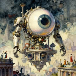 the amazing floating neoclassical city, fantasy, steampunk, the big espherical eye mecha robot is watching us. intricate, amazing composition, colorful watercolor, by ruan jia, by maxfield parrish, by marc simonetti, by hikari shimoda, by robert hubert, by zhang kechun, illustration, gloomy
