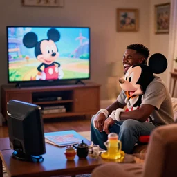 Aubrey Drake Graham watching mickey mouse clubhouse on his tv and laughing