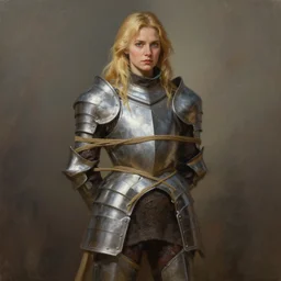 painting of a female blonde in a knights armor tied up, full view, popular on artstation, artstationhd, artstationhq 8 k, volumetric lighting, super focused, no blur, trending on artstation, ultra detailed, by artgerm and james gurney, greg rutkowski,