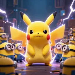 a concept portrait of Pikachu, he has an army of minions, he's the boss, very dramatic lightning and electricity, Beeple, dramatic lightning, beautiful, artstation, 8k