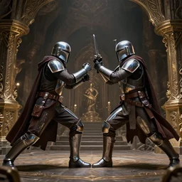 two knights fight in big cave, mandalorian movie action scene, 8 k, lumen reflections, sharpened, insanely detailed and intricate, elegant, ornate