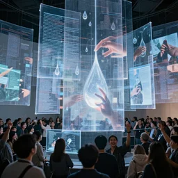 cinematic epic, groups of happy people, many layers of overlapping translucent gigantic screens projecting beautiful images of reference sheets, random sizes, floating translucent graphics, dripping light drops, hands touching light drops, supercomputers transforming text to images, perfect lighting pixel sorting