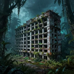 a beautiful very detailed highly detailed unfinished building building nature urbex city military hospital abandoned by gordon bunshaft, otherworldly rainforest at night biopunk lightpaint retro uv light wilderness galactic postcyberpunk, archdaily, wallpaper, highly detailed, trending on artstation.